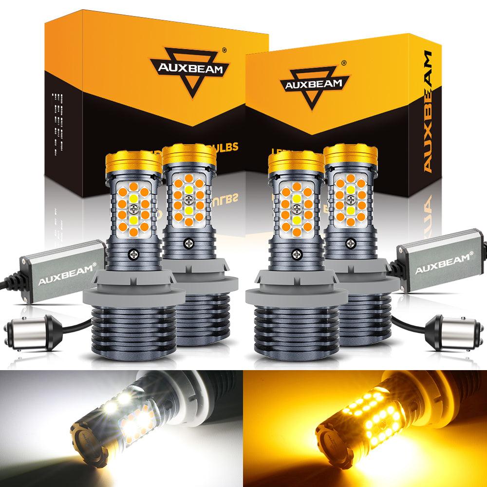 🆕1157 BAY15D مصابيح LED أمامية لإشارة الانعطاف ومصابيح DRL، سطوع عالي 800%، خالية من أخطاء CAN-Bus، لونان أبيض وكهرماني، سلسلة B31 | مصباحان