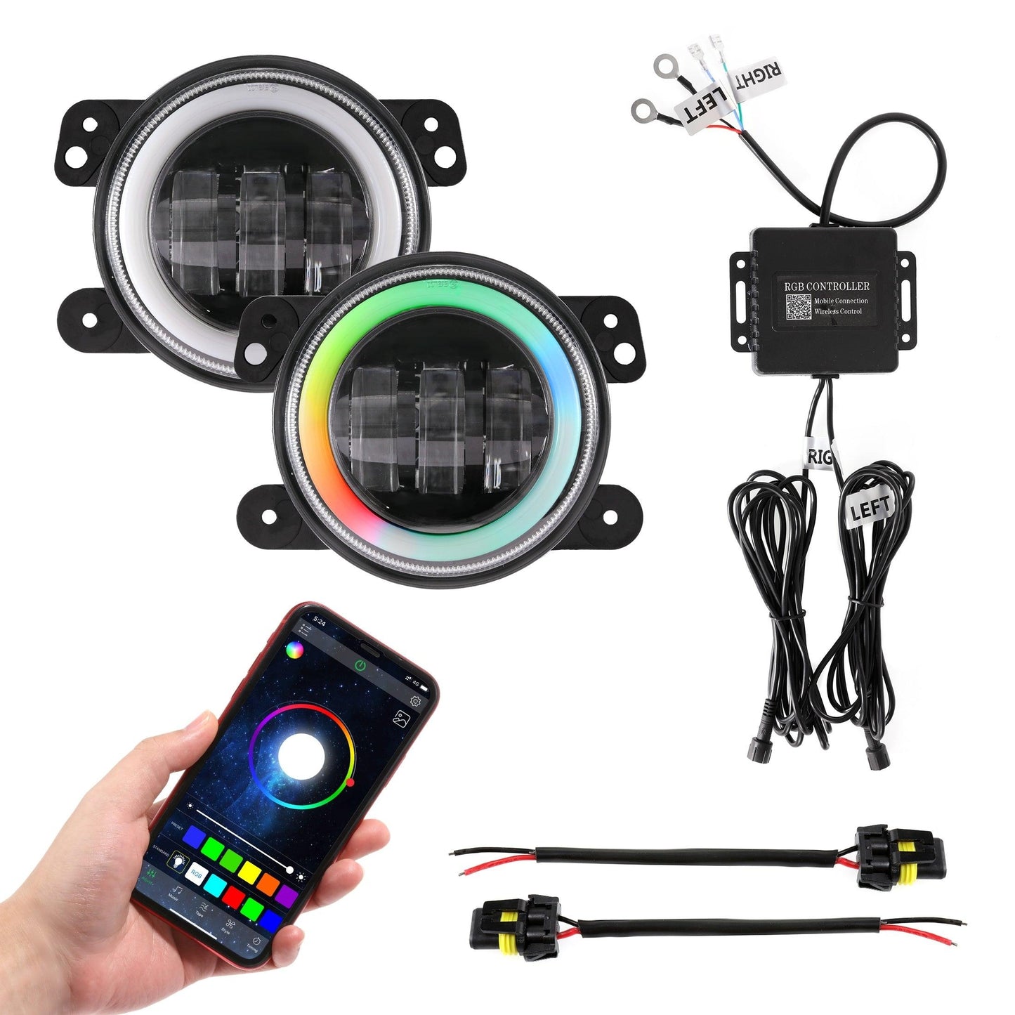 (قطعتان/مجموعة) مصابيح ضباب LED مقاس 4 بوصات مع حلقة هالة RGB وضوء إشارة الانعطاف، تحكم بلوتوث لسيارة جيب رانجلر JK 2007-2017