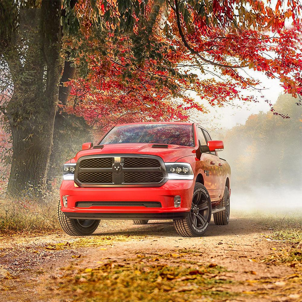 مجموعة مصابيح أمامية LED مزودة بمصفوفة عرض باللون الأسود لسيارة دودج رام الجيل الرابع 1500 و2500 و3500 موديلات 2009-2018