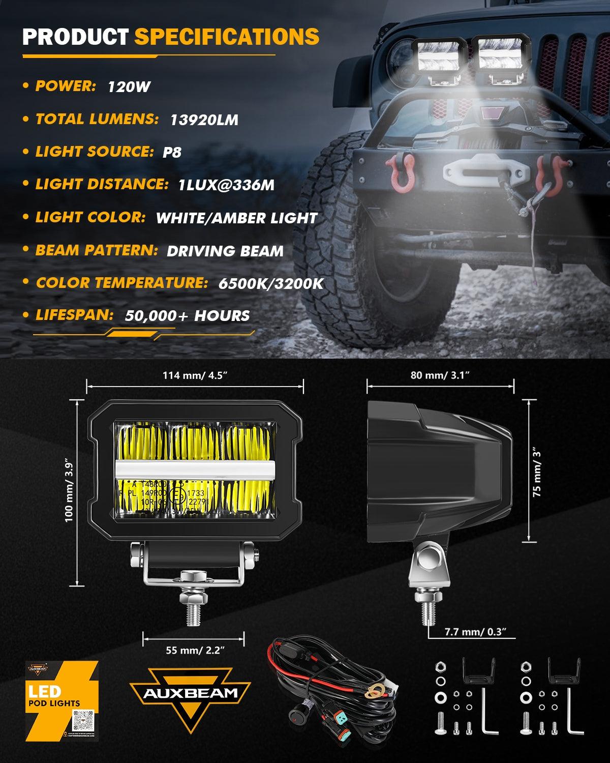 4.5 INCH 120W 13920LM LED Pods With White DRL & Amber Turn Signal Off Road Driving Light - Auxbeam – éclairage LED auto