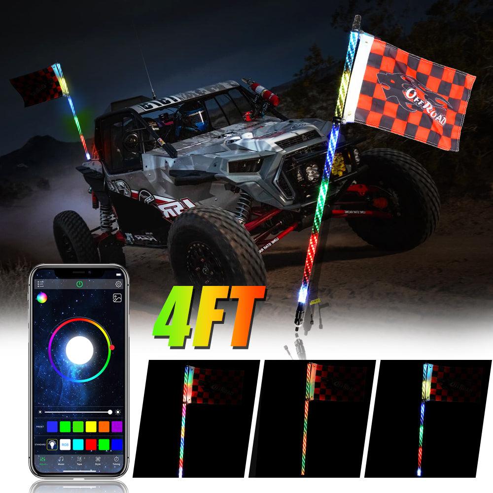 ضوء سوط LED RGB بطول 3 أقدام/4 أقدام مع تحكم عبر البلوتوث + حوامل تثبيت ضوء سوط للمركبات متعددة الاستخدامات (UTV) والمركبات رباعية الدفع (ATV) والمركبات على الطرق الوعرة
