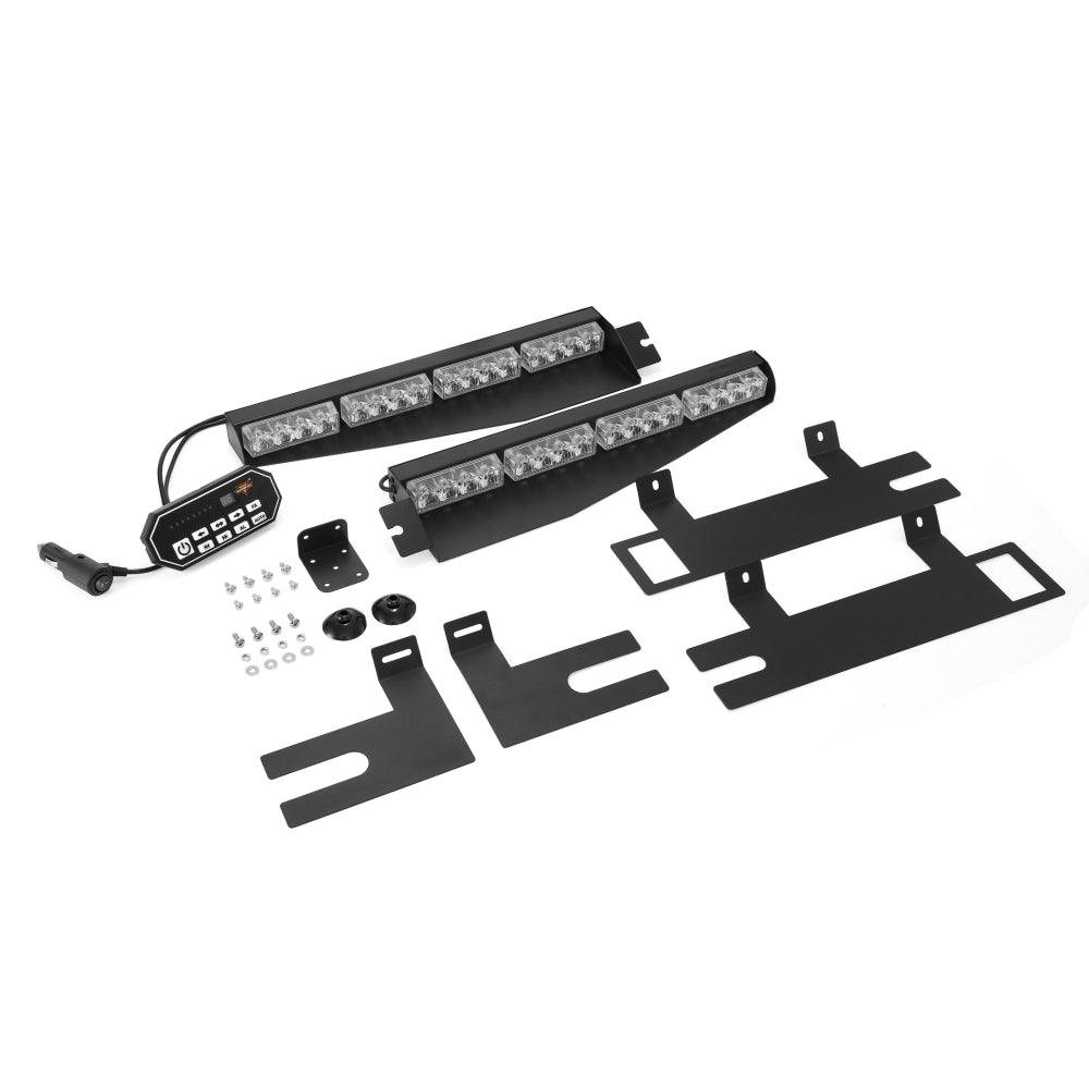 شريط إضاءة ستروب أزرق وأحمر مزدوج الواقي مقاس 17 بوصة مع 20 نمطًا وامضًا مع لوحة تحكم للمركبات والشاحنات والسيارات الرياضية متعددة الاستخدامات والسيارات رباعية الدفع