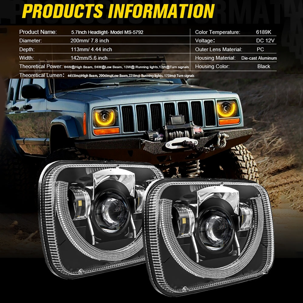 7x6 Inch Sealed Beam LED Headlights with Hi-Lo Beam & Amber Turn Signal White DRL for Jeep Cherokee XJ/Wrangler YJ/Comanche MJ