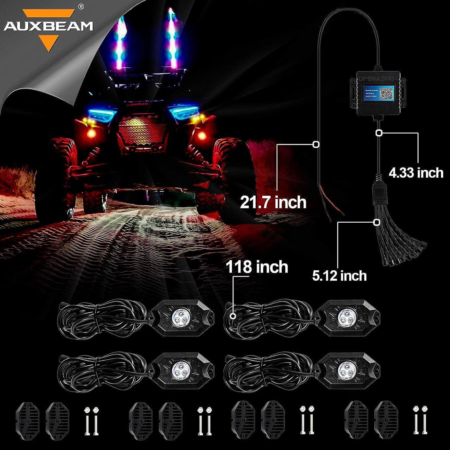 4Pcs RGB LED Rock Light Set with Bluetooth Controller