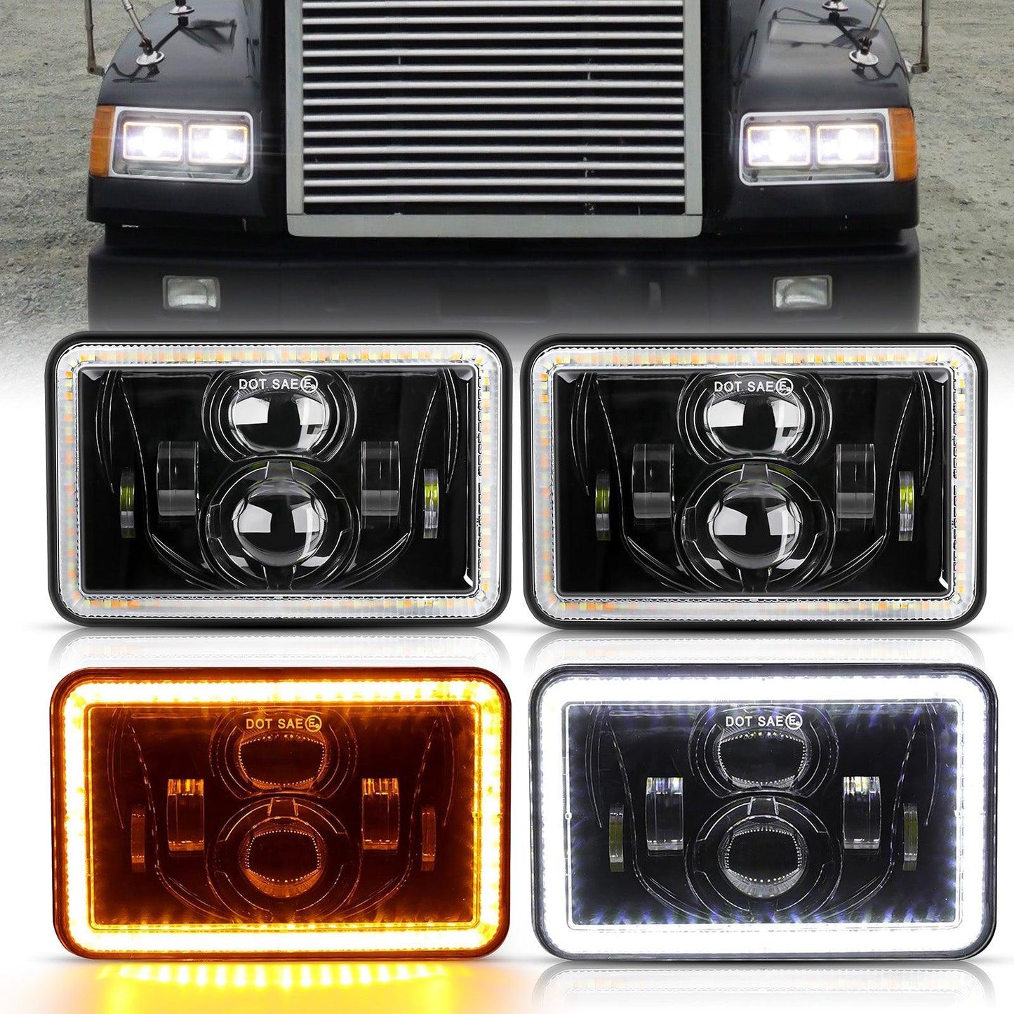 4x6 LED Headlights Hi/Lo Sealed Beam w/DRL&Turn Signal Light DOT Approved Compatible with Peterbil Kenworth Freightline