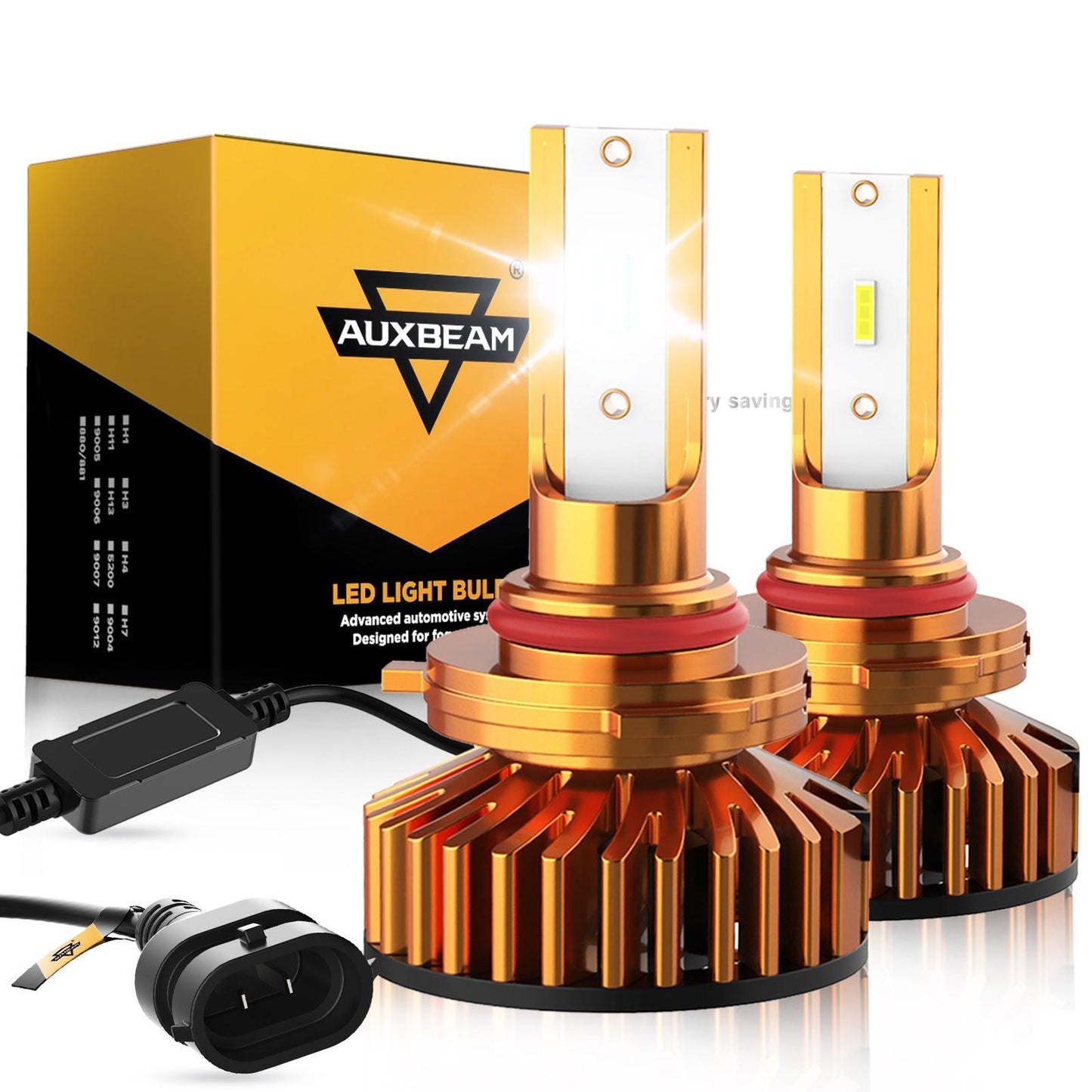 9005 LED headlight bulbs with 52W power, 10000LM brightness, 6500K cool white light, and double-sided CSP chips
