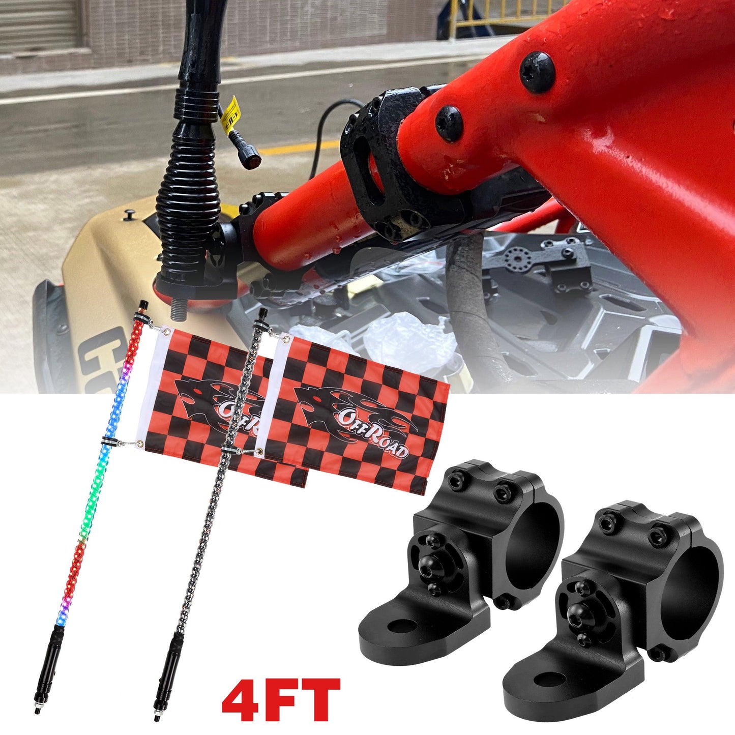 3FT/4FT LED RGB Whip Lights with Bluetooth/ Remote Controlled & Black Universal Flagpole Light Mount for all UTVs with 1.75" to 2" Roll Cage