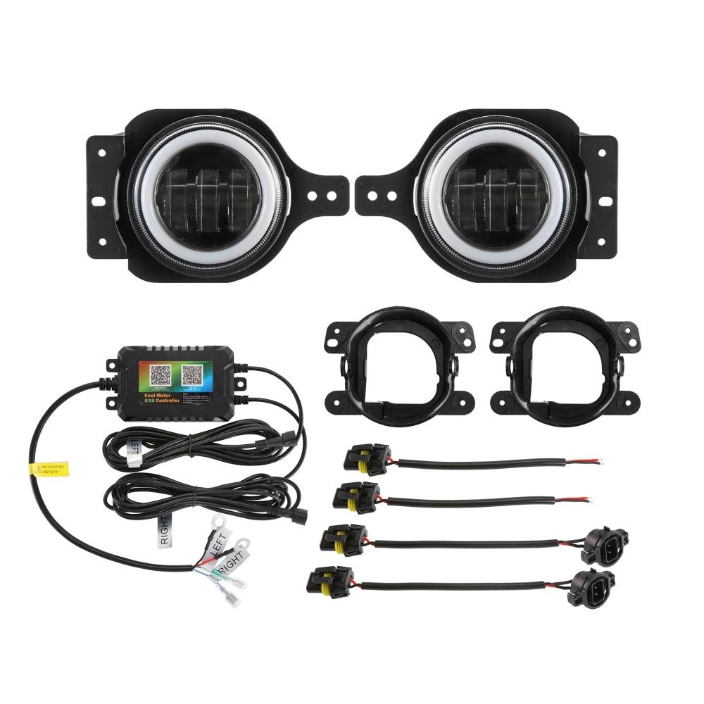 مصابيح ضباب LED مُحسّنة مقاس 4 بوصات مع حلقة هالة RGB وضوء إشارة انعطاف، وتحكم بلوتوث لسيارة جيب رانجلر JK/JL 2018-2024