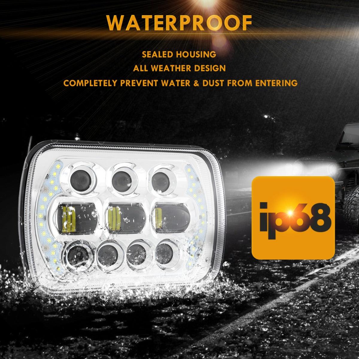 (2pcs/set) 130W 7x6 LED Headlight with DRL for Jeep Wrangler YJ XJ MJ/ Ford/ Savana/ Trucks (Black/Chrome)