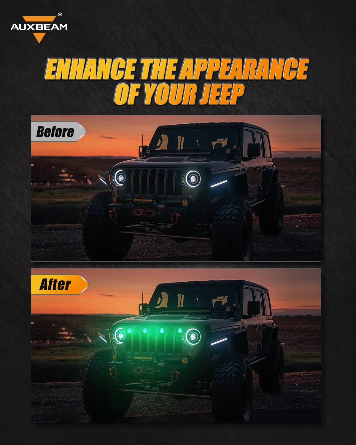 (4 قطع/مجموعة) مصابيح أمامية LED نيون RGBW مع جهاز تحكم عن بعد لاسلكي RF، تطبيق هاتف ذكي يعمل بالبلوتوث متوافق مع 2007-2017 Wrangler JK