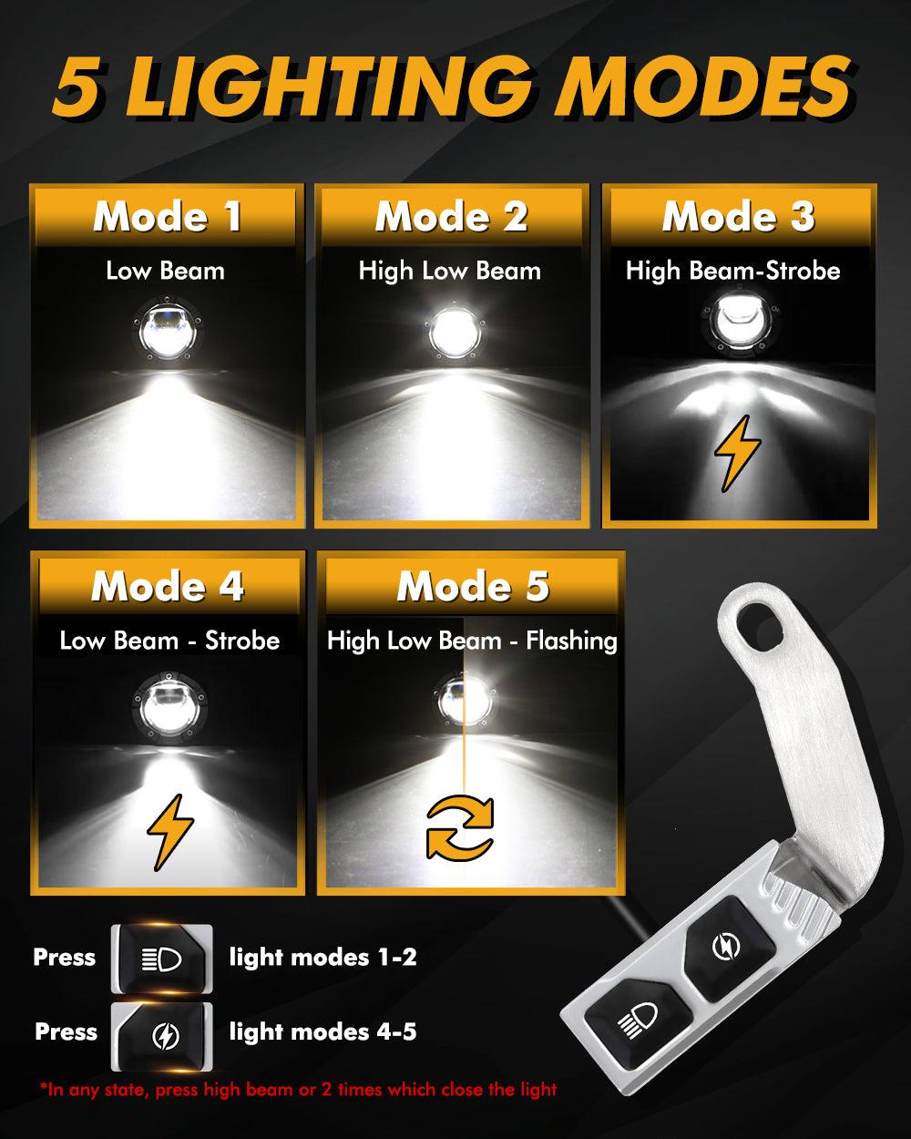 كشاف LED للدراجات النارية مقاس 2.5 بوصة، عدسة عرض ثنائية LED، مصباح أمامي 130 واط، 6000 كلفن، ضوء عمل LED، 5 أوضاع إضاءة للدراجات النارية والسيارات الرياضية متعددة الاستخدامات والشاحنات ATV | قطعتان/مجموعة