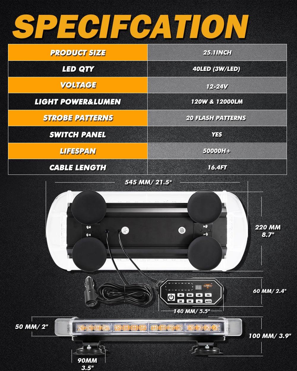 21.5" Rooftop Strobe Flashing Light Bar, 20 Flashing Modes Magnetic Mount Emergency Safety Warning Caution Beacon Lights