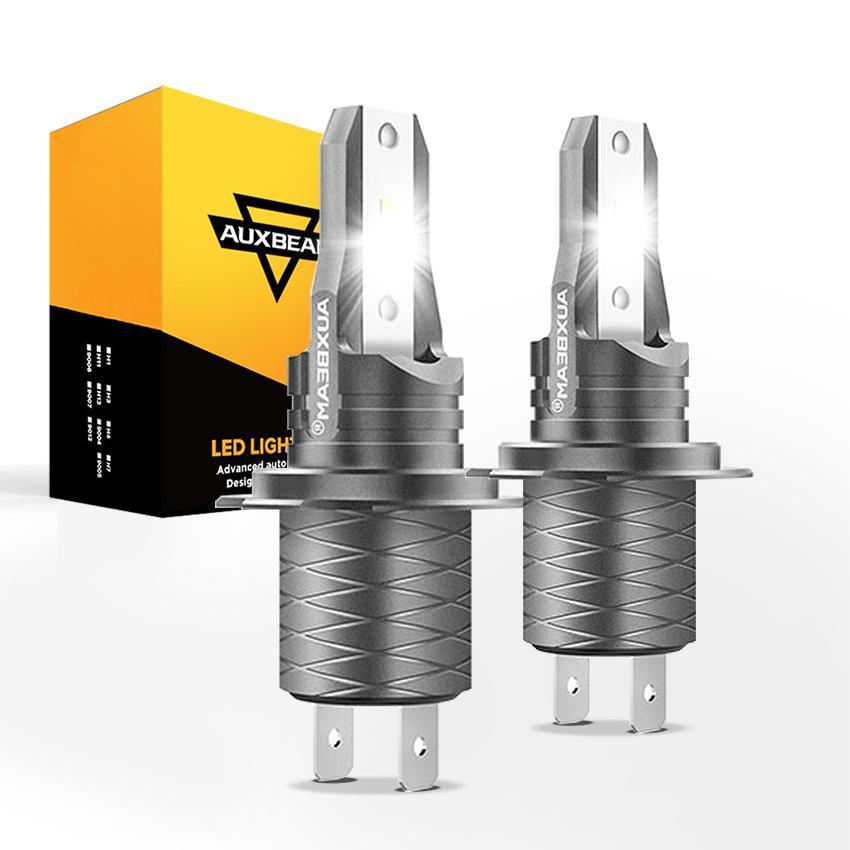 H7 LED light bulbs with fanless aluminum design, 300% brighter, 6500K white light, and plug-and-play installation