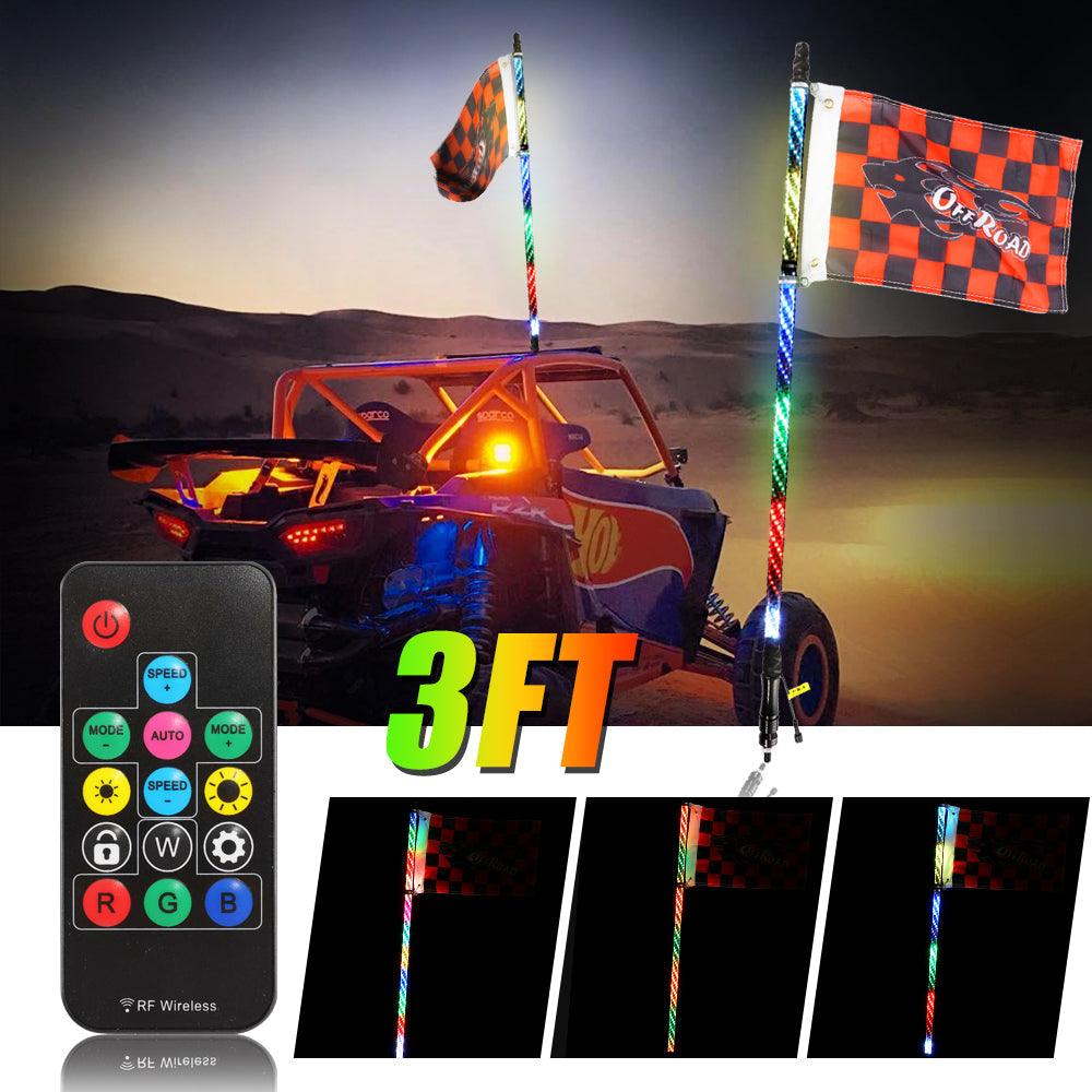 3FT/4FT RGB LED Whip Light with Remote Control+Whip Light Mounting Brackets for UTV, ATV, Off-Road Vehicle