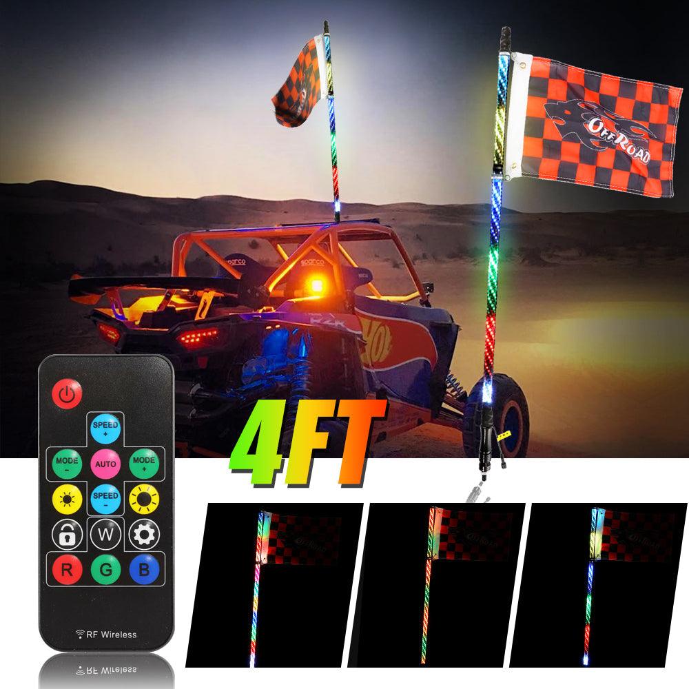 3FT/4FT RGB LED Whip Light with Remote Control+Whip Light Mounting Brackets for UTV, ATV, Off-Road Vehicle