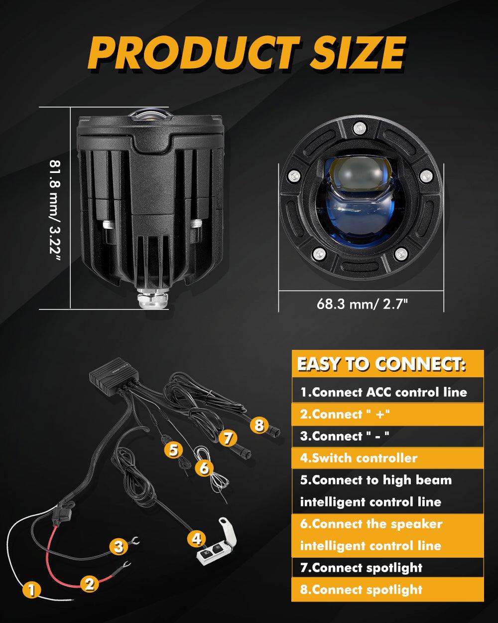 كشاف LED للدراجات النارية مقاس 2.5 بوصة، عدسة عرض ثنائية LED، مصباح أمامي 130 واط، 6000 كلفن، ضوء عمل LED، 5 أوضاع إضاءة للدراجات النارية والسيارات الرياضية متعددة الاستخدامات والشاحنات ATV | قطعتان/مجموعة