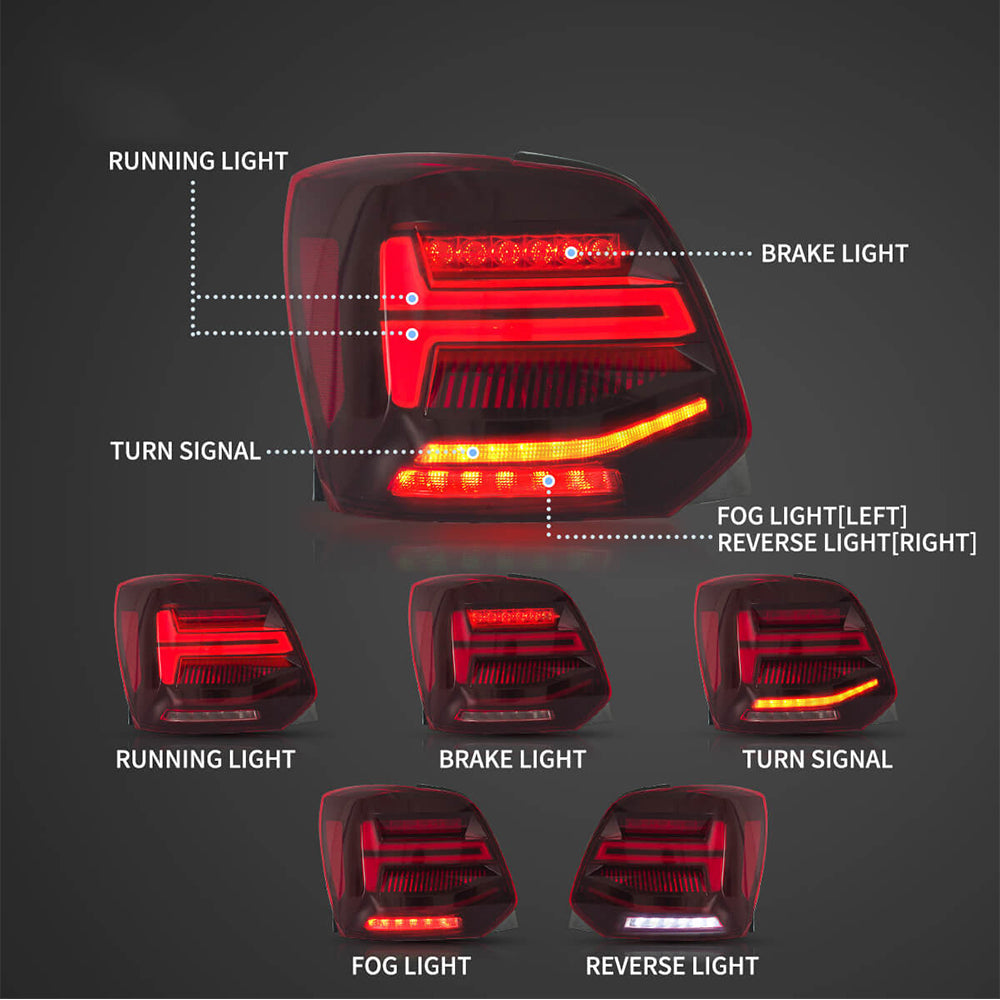 مجموعة مصابيح خلفية LED مع إشارة انعطاف متسلسلة لسيارة فولكس فاجن بولو الجيل الخامس (قاعدة العجلات الطويلة/قاعدة العجلات القصيرة) موديلات 2009-2017