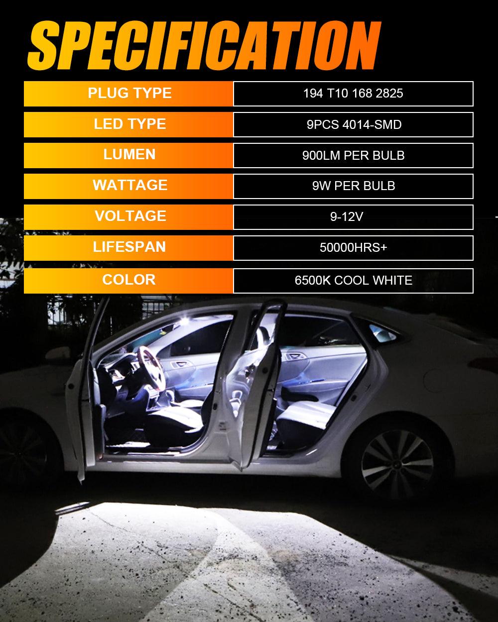 لمبات إضاءة داخلية LED T10 W5W 2825، 1.5 واط، أكثر سطوعًا بنسبة 300%، لون أبيض 6500 كلفن | 10 لمبات 