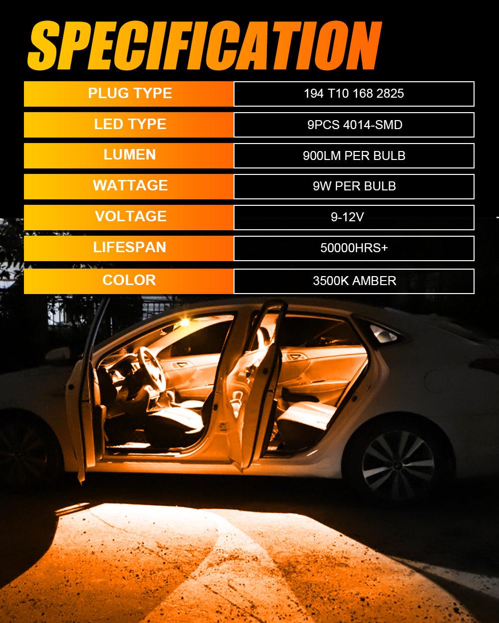 168 2825 W5W T10 LED Interior Light Bulbs 1.5W 300% Brighter 3500K Amber | 10 Bulbs