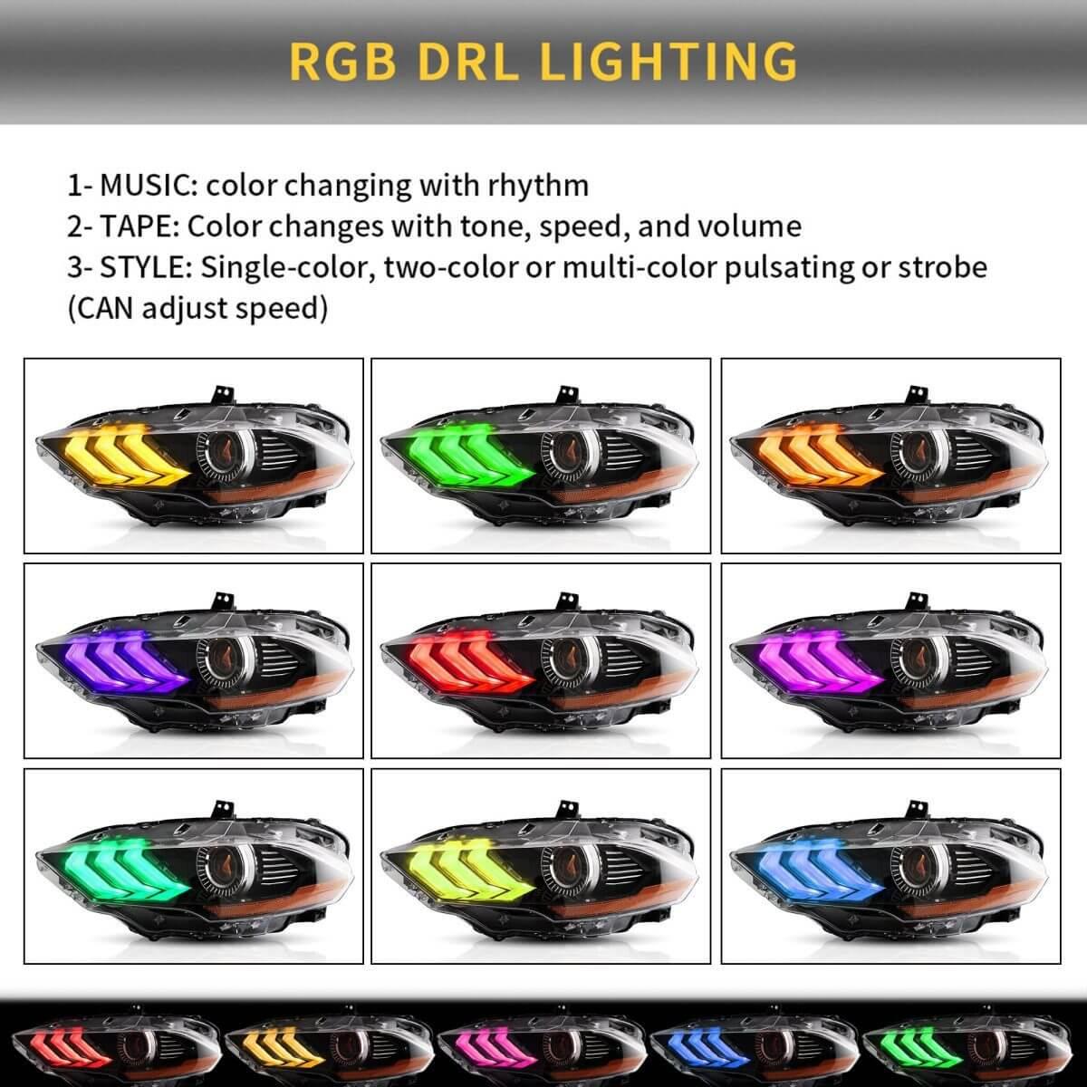 LED Headlight Assembly RGB Dual Beam Projector For 2018-up Ford Mustang 6th Gen Black