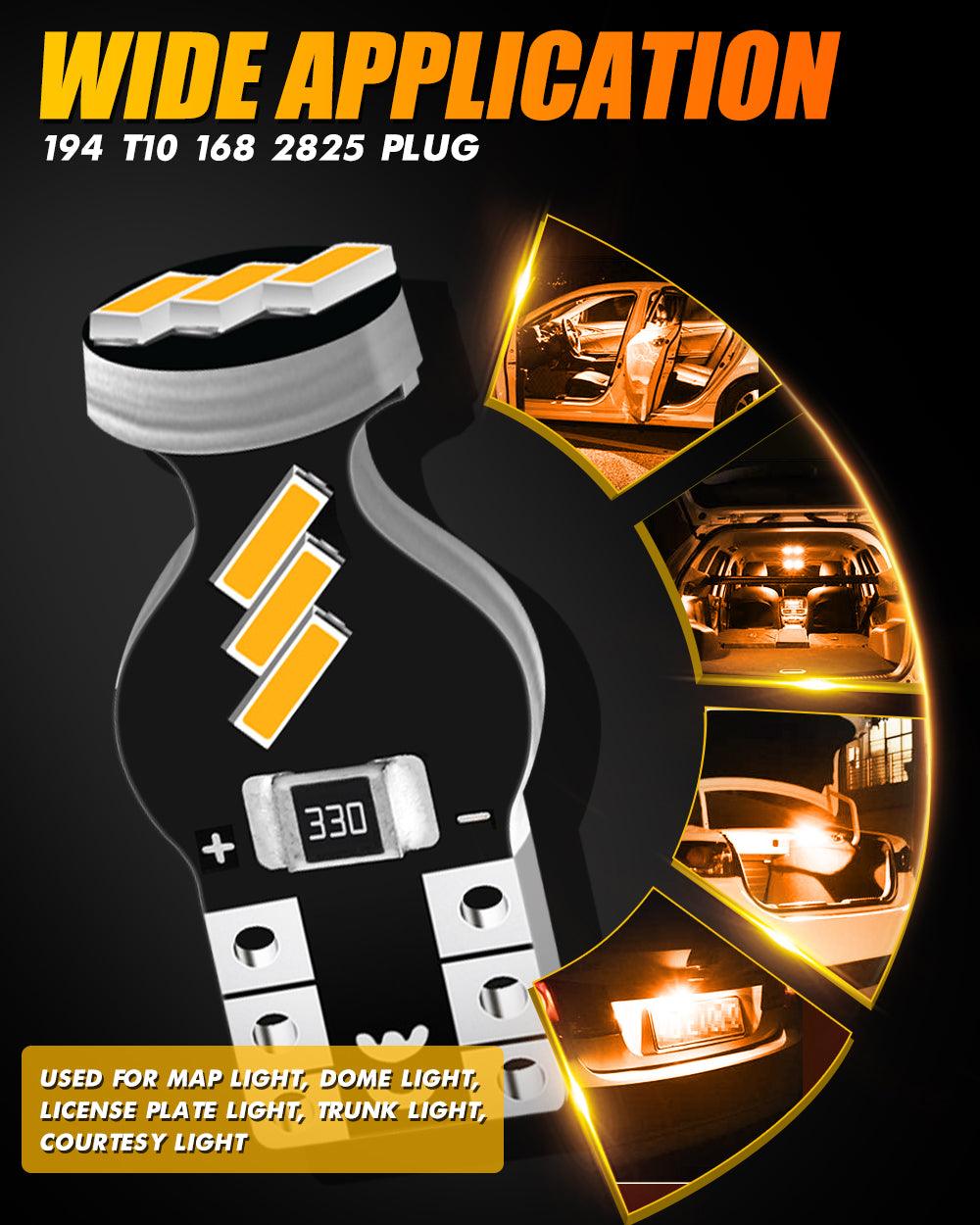168 2825 W5W T10 LED Interior Light Bulbs 1.5W 300% Brighter 3500K Amber | 10 Bulbs