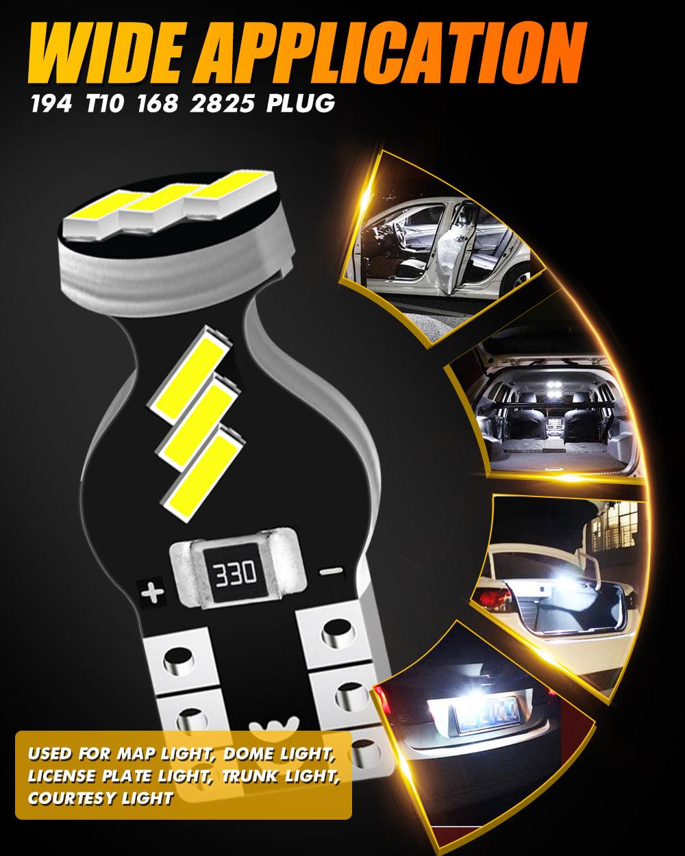 لمبات إضاءة داخلية LED T10 W5W 2825، 1.5 واط، أكثر سطوعًا بنسبة 300%، لون أبيض 6500 كلفن | 10 لمبات 