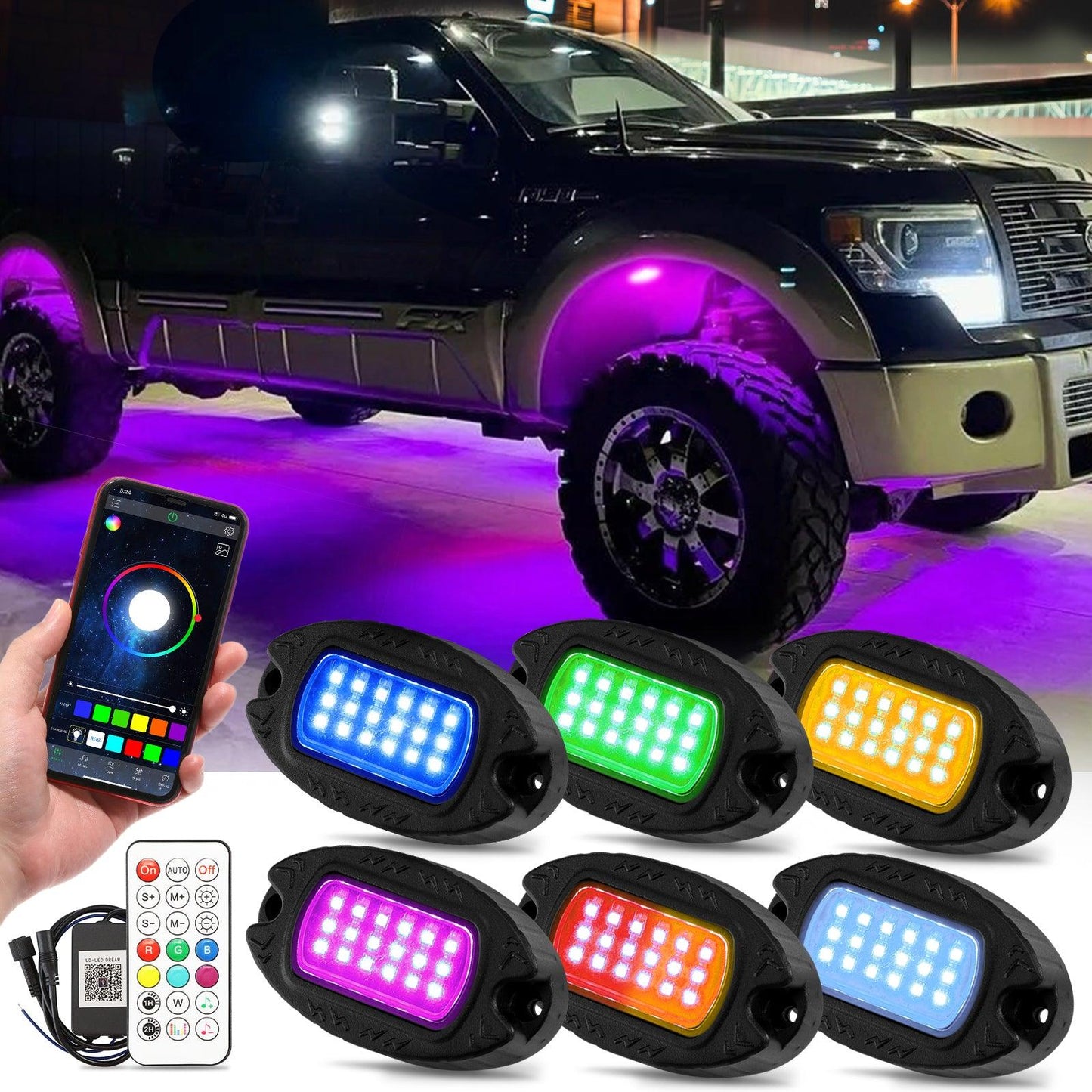 مجموعة مصابيح LED RGB Rock مع تطبيق Bluetooth وجهاز تحكم عن بعد لاسلكي، مصابيح نيون متعددة الألوان مع وظيفة ضوء الفرامل لـ ATV UTV