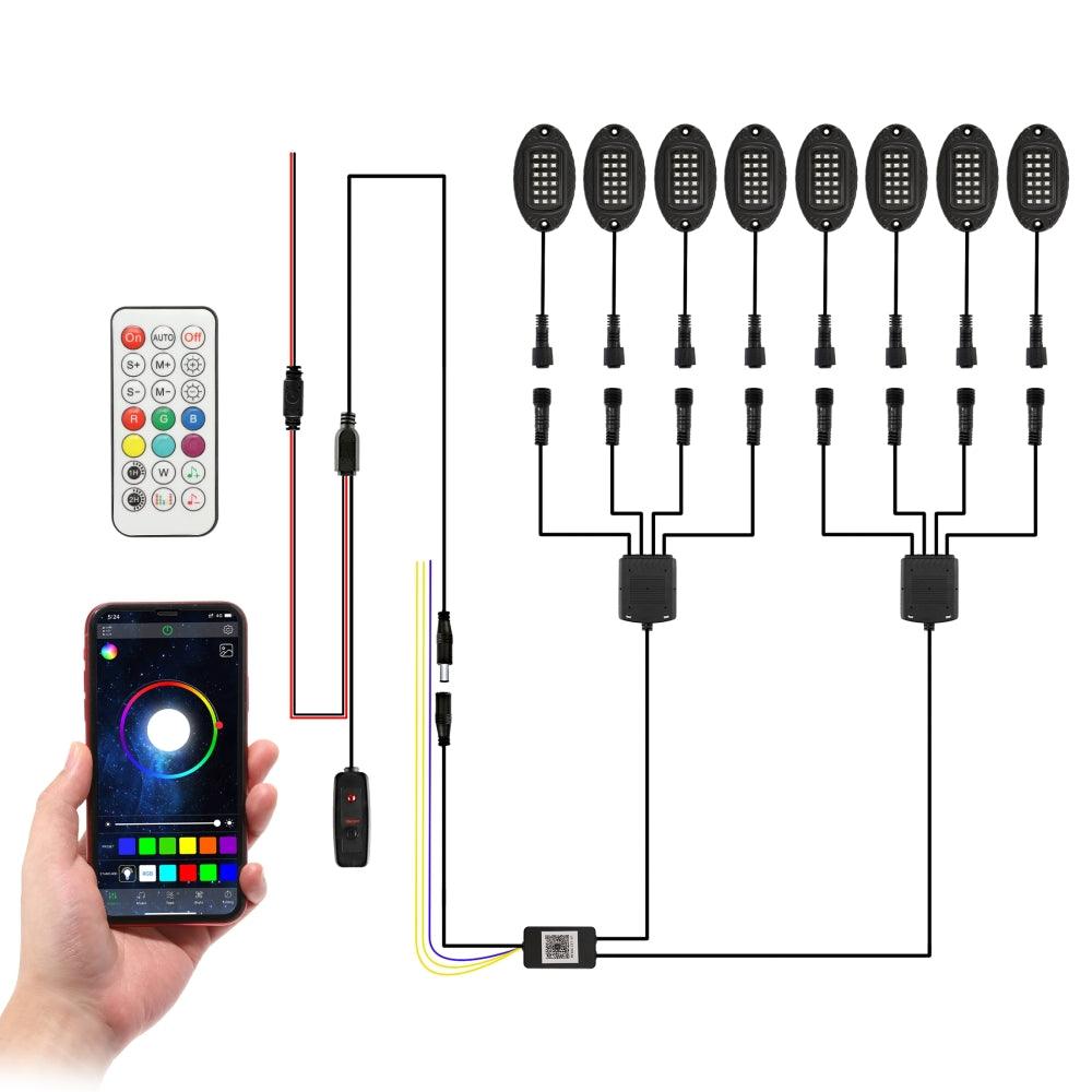 مجموعة مصابيح LED RGB Rock مع تطبيق Bluetooth وجهاز تحكم عن بعد لاسلكي، مصابيح نيون متعددة الألوان مع وظيفة ضوء الفرامل لـ ATV UTV