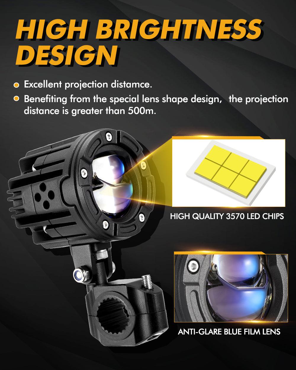 كشاف LED للدراجات النارية مقاس 2.5 بوصة، عدسة عرض ثنائية LED، مصباح أمامي 130 واط، 6000 كلفن، ضوء عمل LED، 5 أوضاع إضاءة للدراجات النارية والسيارات الرياضية متعددة الاستخدامات والشاحنات ATV | قطعتان/مجموعة