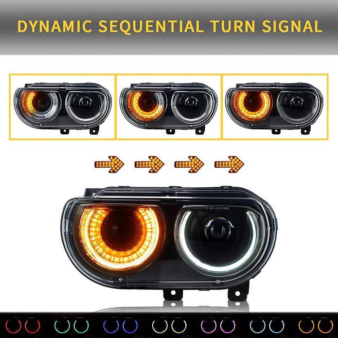 مجموعة مصابيح أمامية LED بنمط RGB مع جهاز عرض مزدوج الشعاع باللون الأسود لسيارة دودج تشالنجر الجيل الثالث (ما قبل التعديل) موديلات 2008-2014