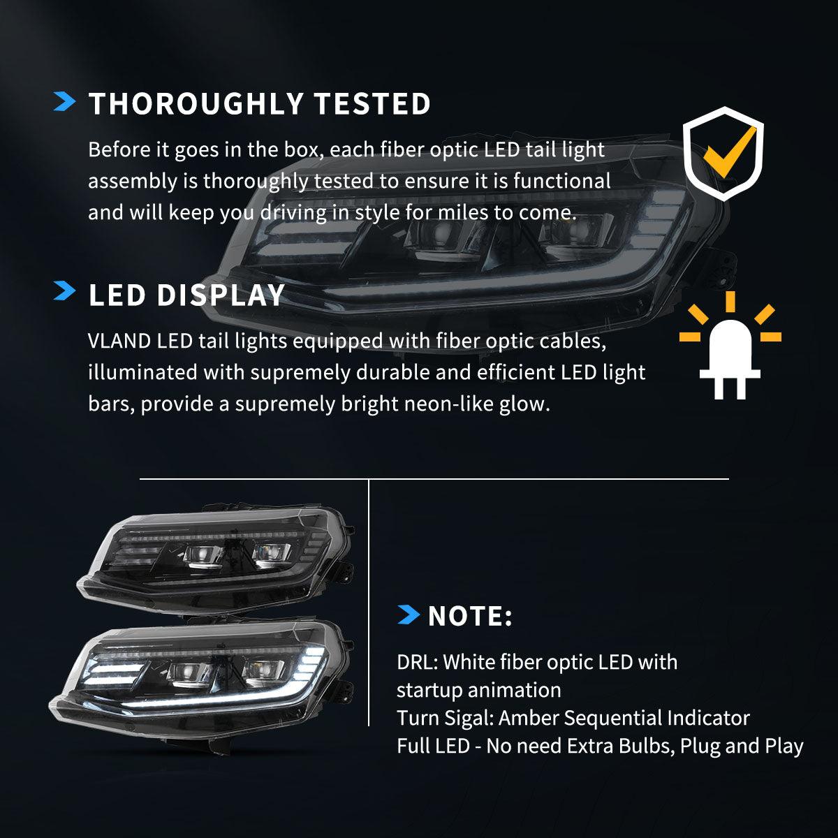 مجموعة مصابيح أمامية LED مزدوجة الشعاع باللون الأسود مع خاصية الترحيب/التنفس والرجوع للأمام والخلف لسيارة شيفروليه كامارو موديلات 2016-2018 وكامارو ZL1 موديلات 2019-2024