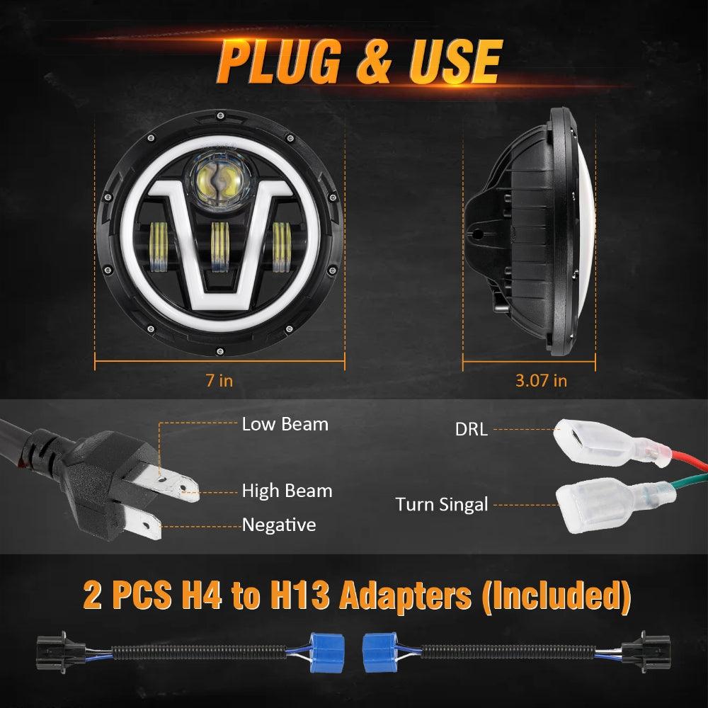 7 Inch LED Headlights Halo Amber Turn Signal Lights with DRL High/Low Beam Fit for Jeep Wrangler JK LJ CJ TJ