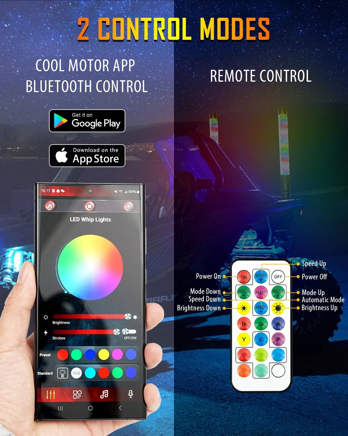 New 1.9FT LED RGB Whip Lights with Turn Signal & Brake Light, Bluetooth APP/ Remote Control