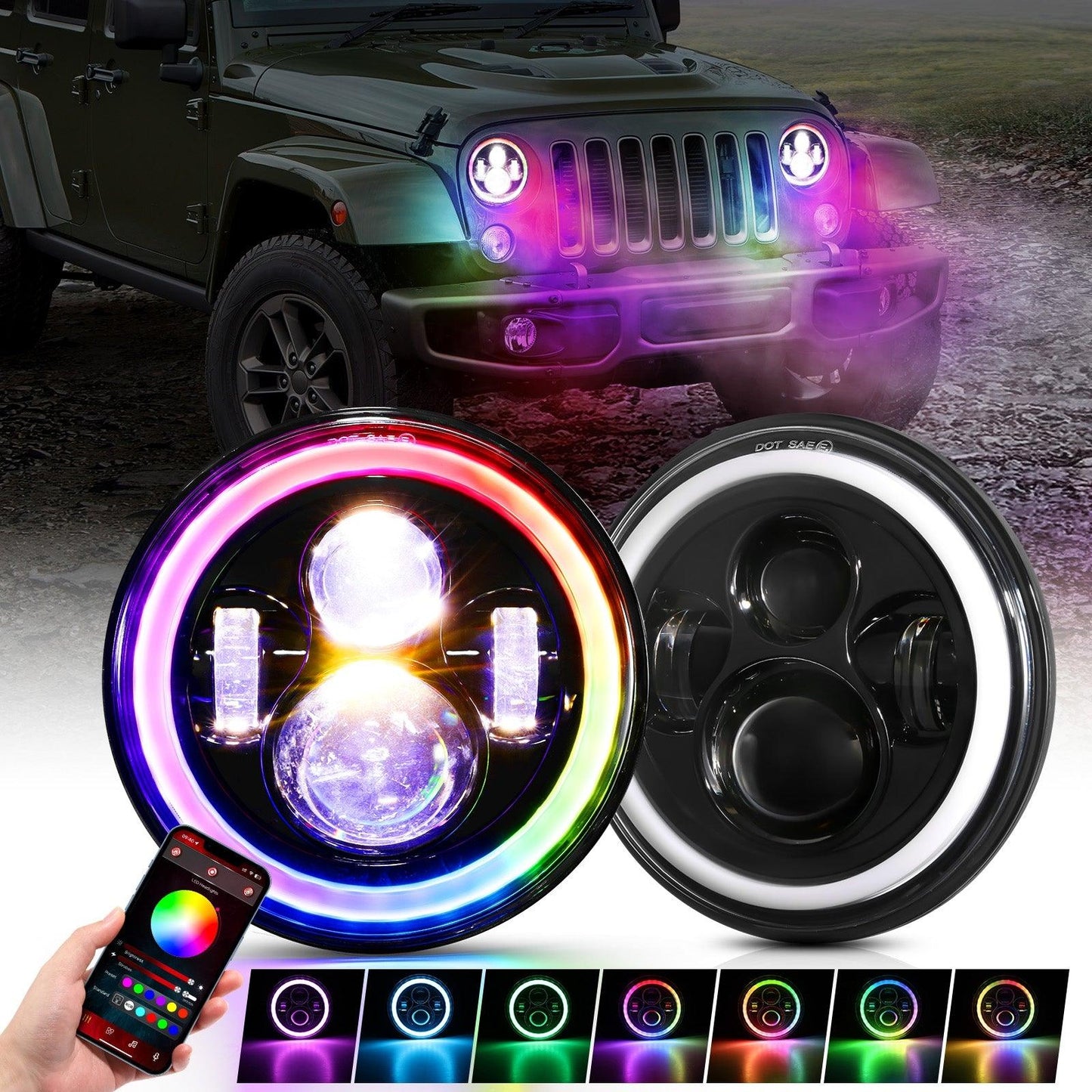 Upgraded 7 Inch Round LED Headlight with RGB Halo Ring for Jeep Wrangler JK TJ LJ 