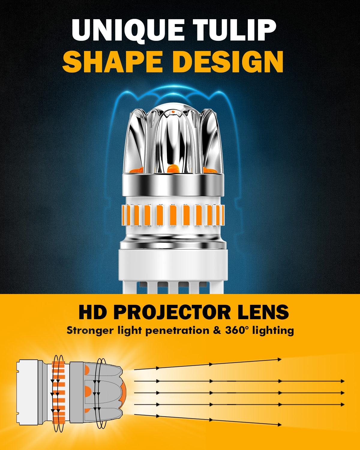 T25 3157 3156 LED Turn Signal Light Rear/Front, Side Maker Light Bulbs 14W 6000LM CAN-Bus Error Free 3000K Amber Y2 Series | 2 Bulbs