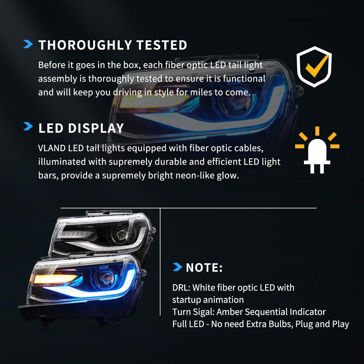 مجموعة مصابيح أمامية LED RGB ثنائية الشعاع، لون أسود لسيارة شيفروليه كامارو موديلات 2014-2015