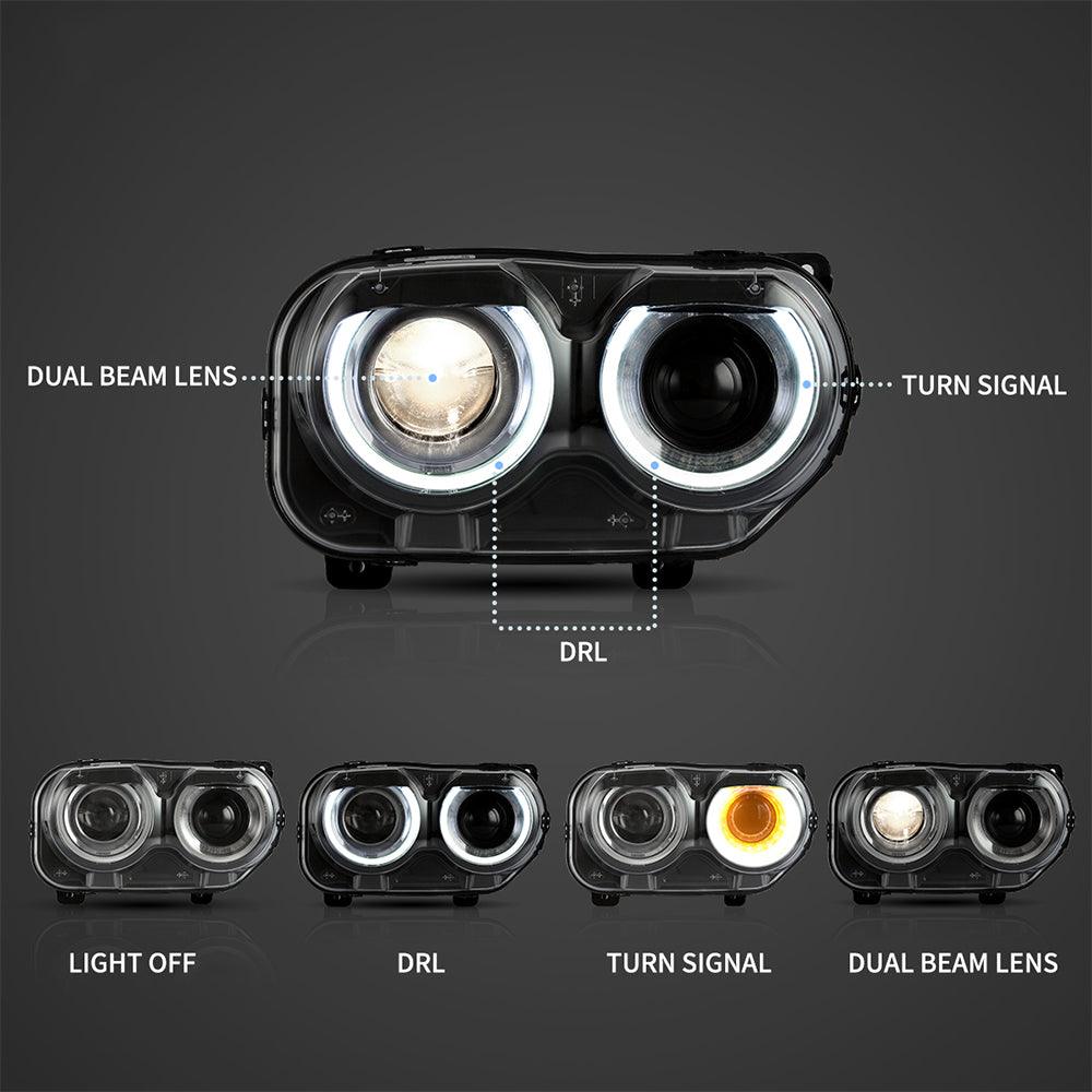 مجموعة مصابيح أمامية LED مزدوجة الشعاع باللون الأسود لسيارة دودج تشالنجر الجيل الثالث المحدثة موديلات 2015-2023