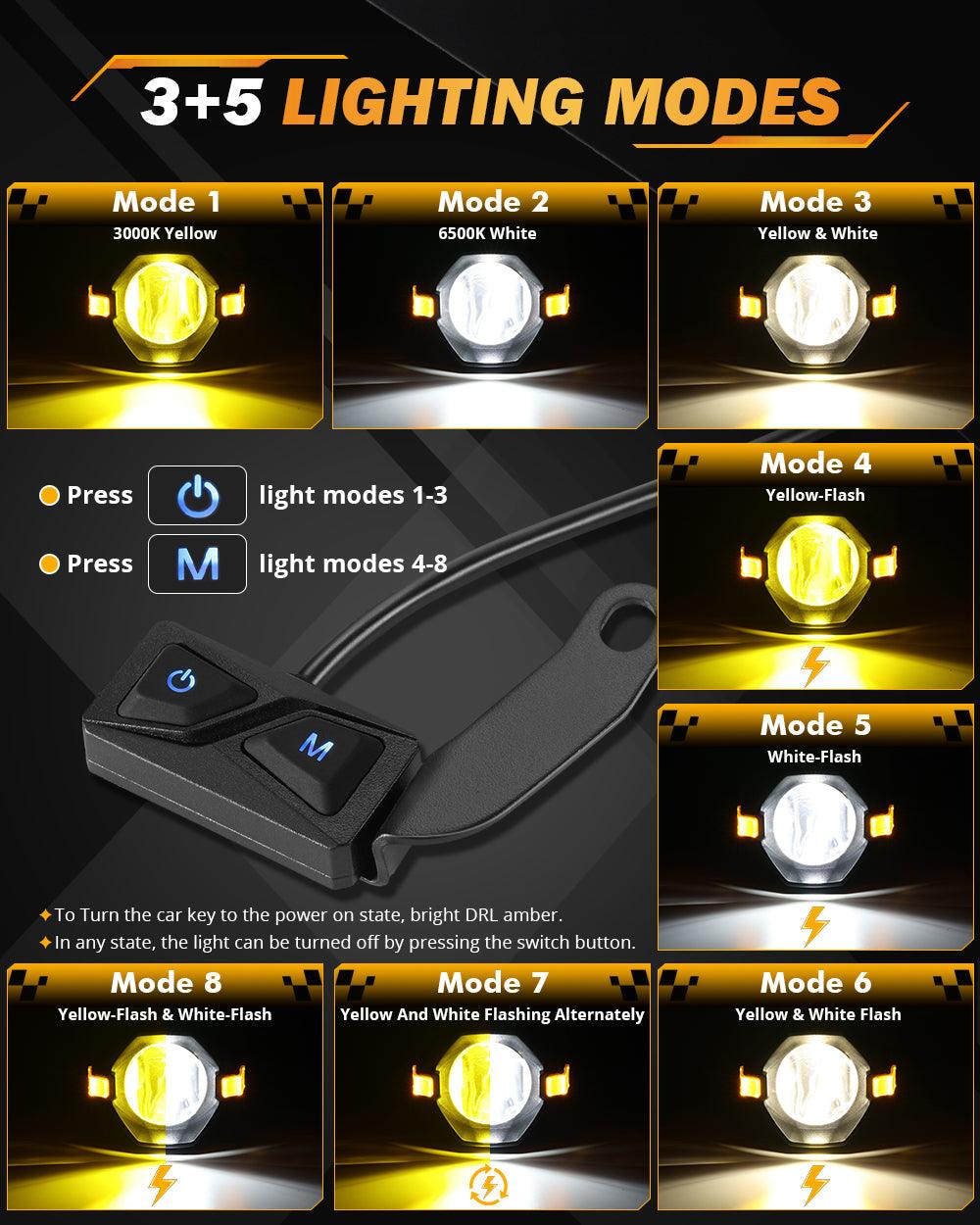 🆕3 Inch Motorcycle LED Spotlight Bi-LED Projector Lens Headlight 120W Dual Color Switchback LED Work Light 3+5 Light Modes for Motorcycle SUV ATV Trucks | 2PCS/Set