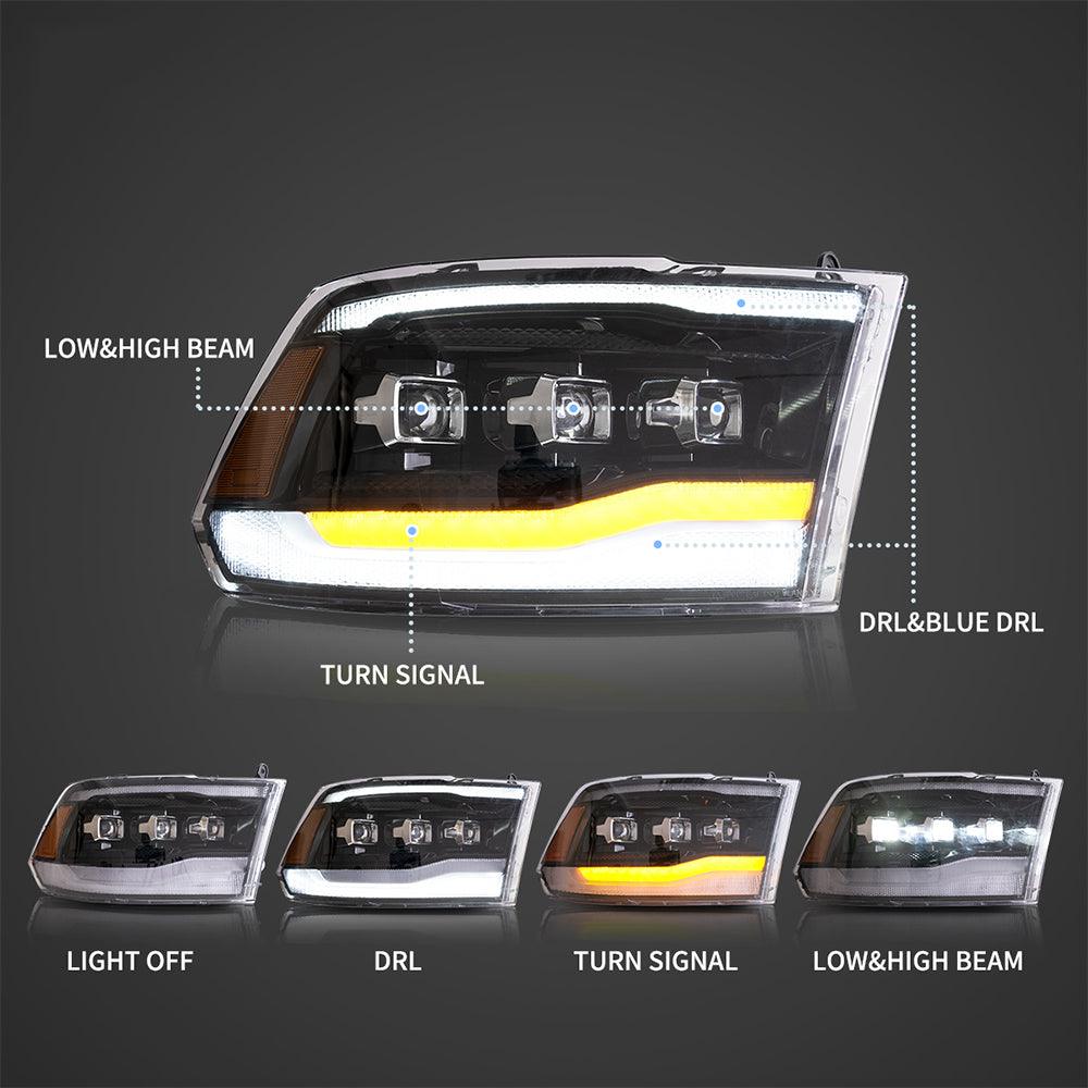 مجموعة مصابيح أمامية LED مزودة بمصفوفة عرض باللون الأسود لسيارة دودج رام الجيل الرابع 1500 و2500 و3500 موديلات 2009-2018