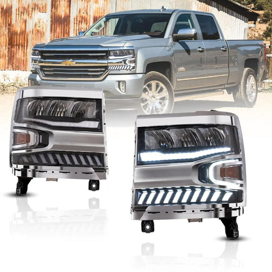 مجموعة مصابيح أمامية LED مع وعاء عاكس من الكروم لسيارة شيفروليه سيلفرادو 1500 الجيل الرابع المحدثة (2016-2018) 