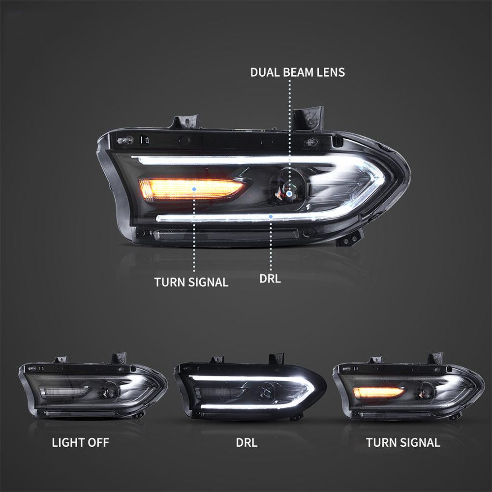 مجموعة مصابيح أمامية LED مزدوجة الشعاع باللون الأسود لسيارة دودج تشارجر الجيل السابع (LD) موديلات 2015-2023