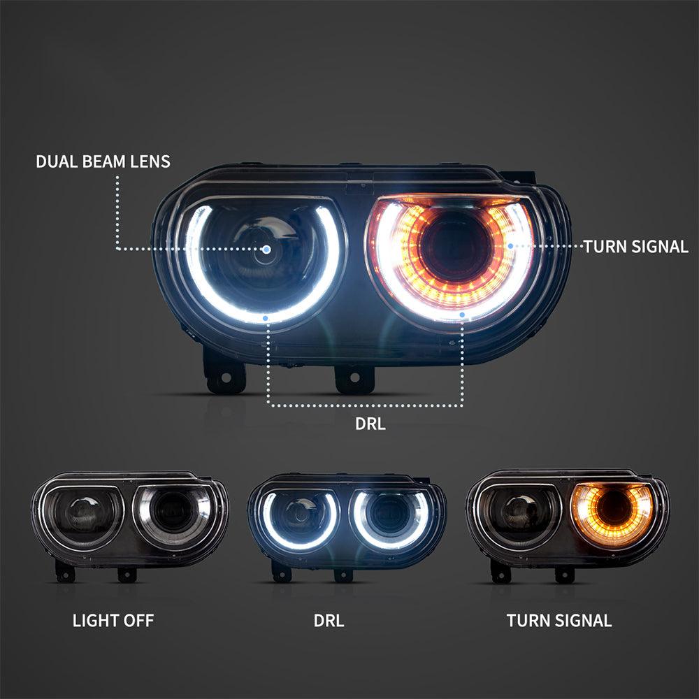 مجموعة مصابيح أمامية LED ثنائية الشعاع باللون الأسود لسيارة دودج تشالنجر الجيل الثالث (ما قبل التعديل) موديلات 2008-2014
