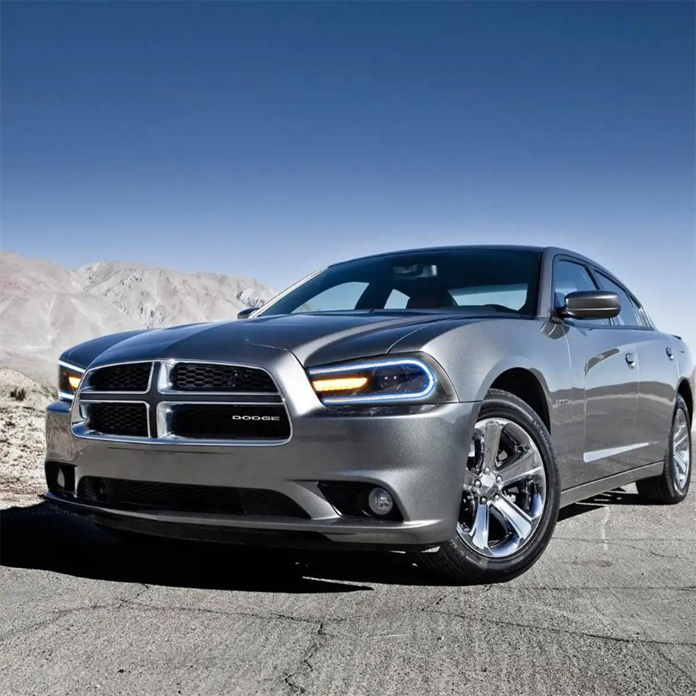 مجموعة مصابيح أمامية LED RGB ثنائية الشعاع باللون الأسود لسيارة Dodge Charger (LD) موديلات 2011-2014