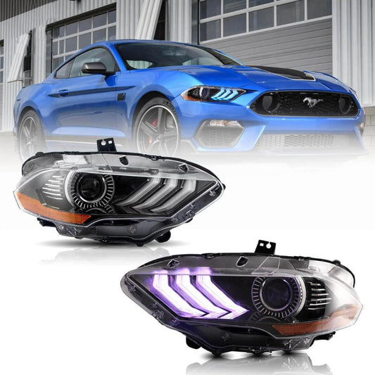 LED Headlight Assembly RGB Dual Beam Projector For 2018-up Ford Mustang 6th Gen Black