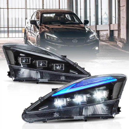 مجموعة مصابيح أمامية LED مزودة بمصفوفة عرض مع إضاءة نهارية زرقاء لسيارات لكزس IS250/IS250C/IS350/IS220d موديلات 2006-2012 وISF(XE20) موديلات 2008-2014