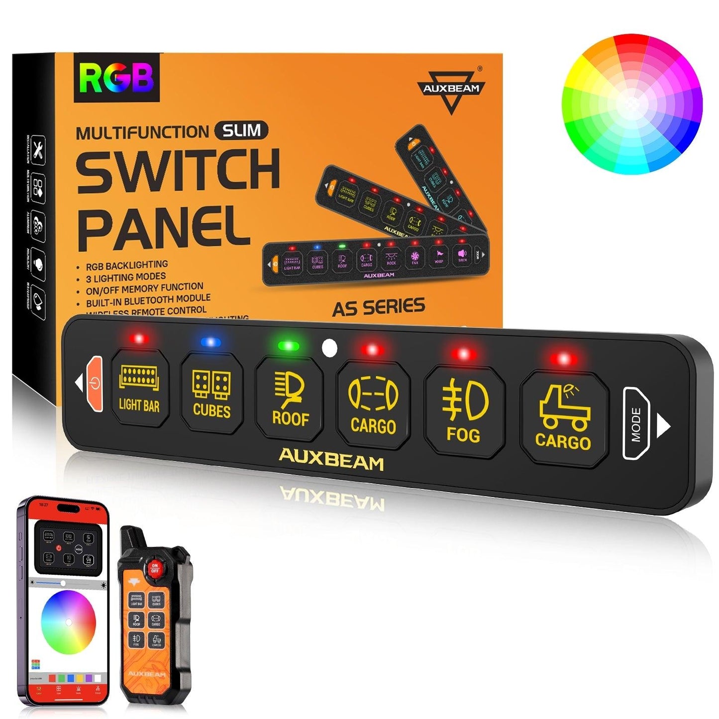 AS-600 RGB Slim Switch Panel with APP&Remote Control, Toggle/ Momentary/ Pulsed Mode Supported(One-Sided Outlet)