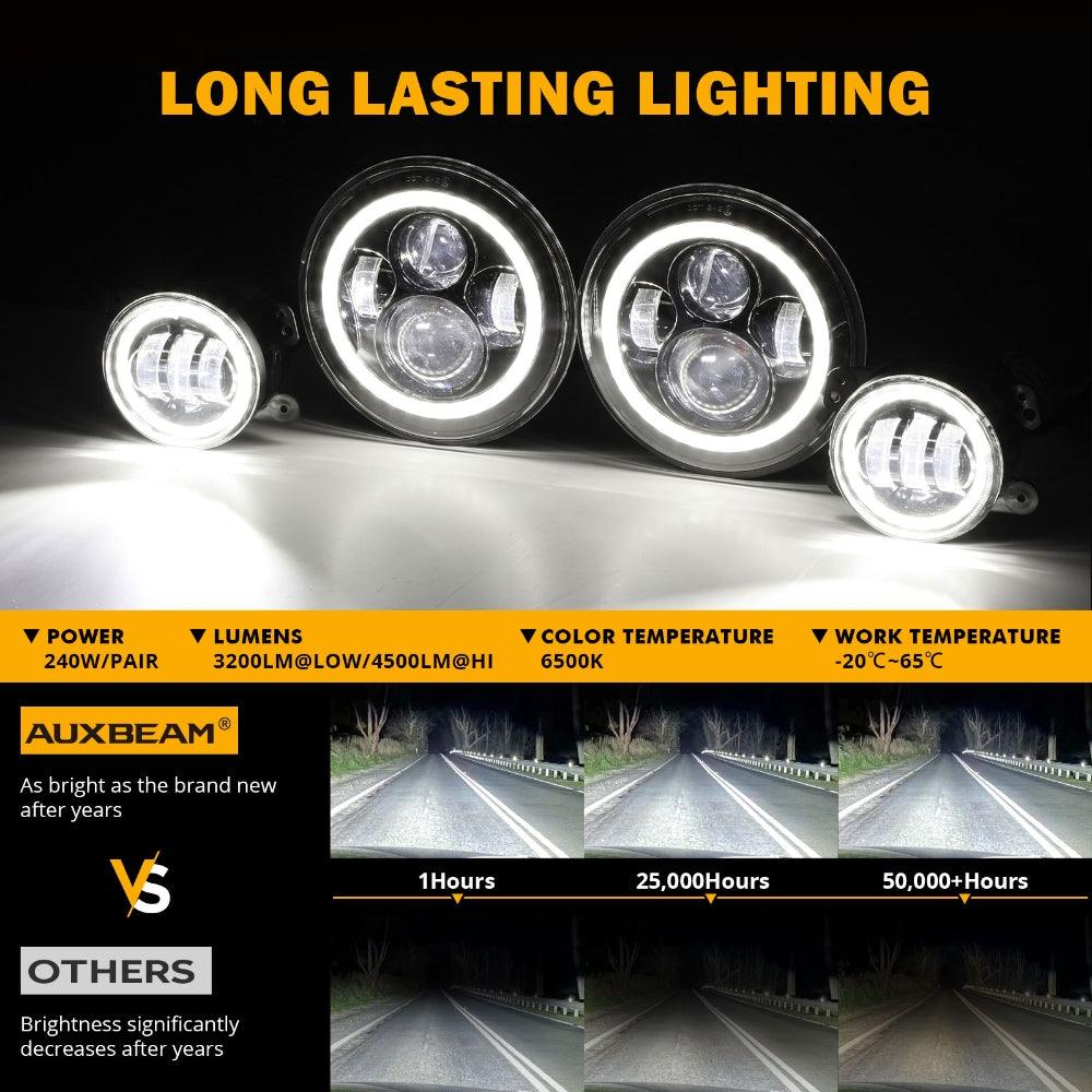 مجموعة مصابيح أمامية LED مقاس 7 بوصات + مصابيح ضباب LED مقاس 4 بوصات مع إشارة انعطاف هالة DRL عالية ومنخفضة الشعاع لسيارة جيب رانجلر JK JKU TJ LJ Rubicon Sahara Unlimited 1997-2018 