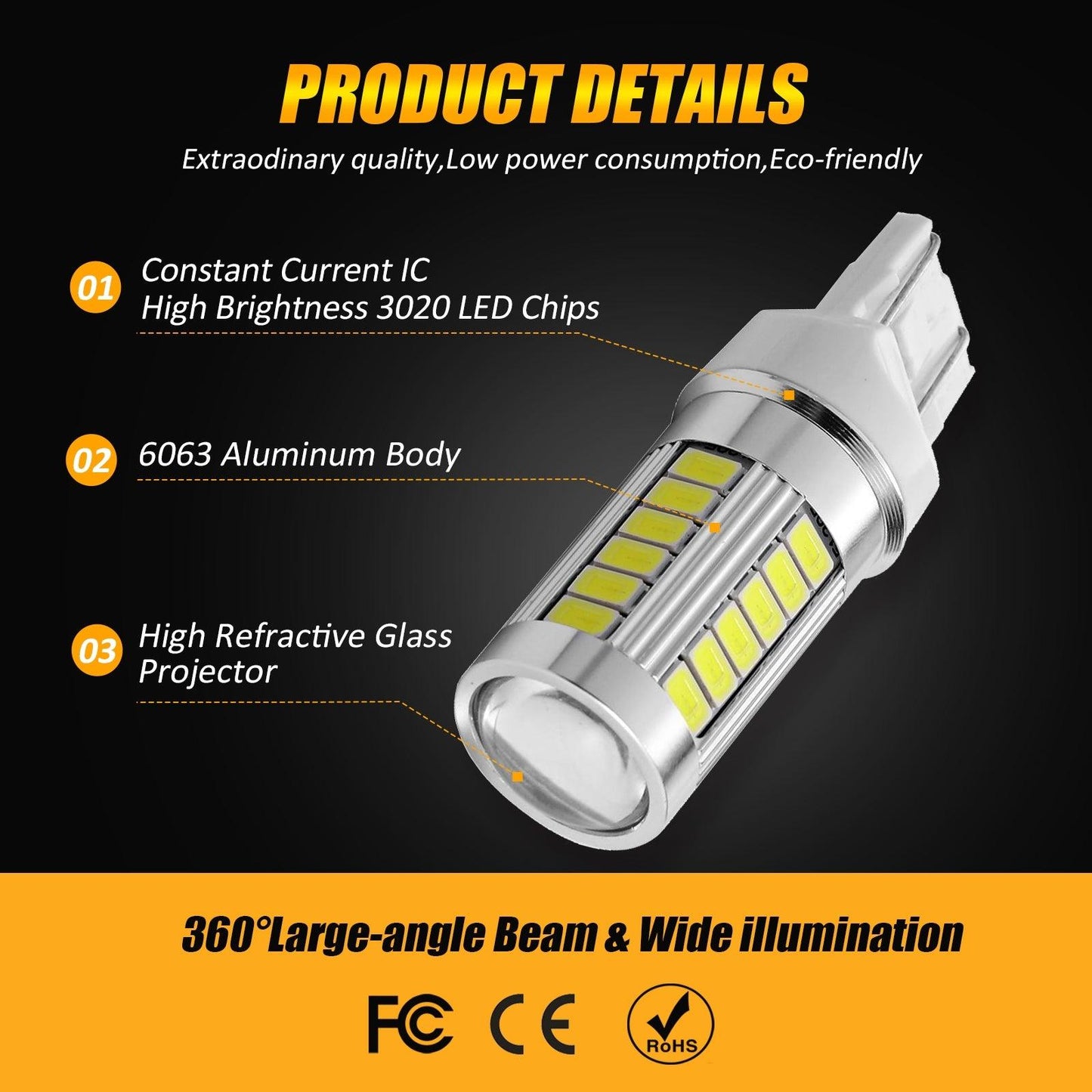 T20 7443 7440 LED  Backup Reverse/Turn Signal/Brake Tail Light 20W 4000LM 6500K White 33LED Series | 2 Bulbs