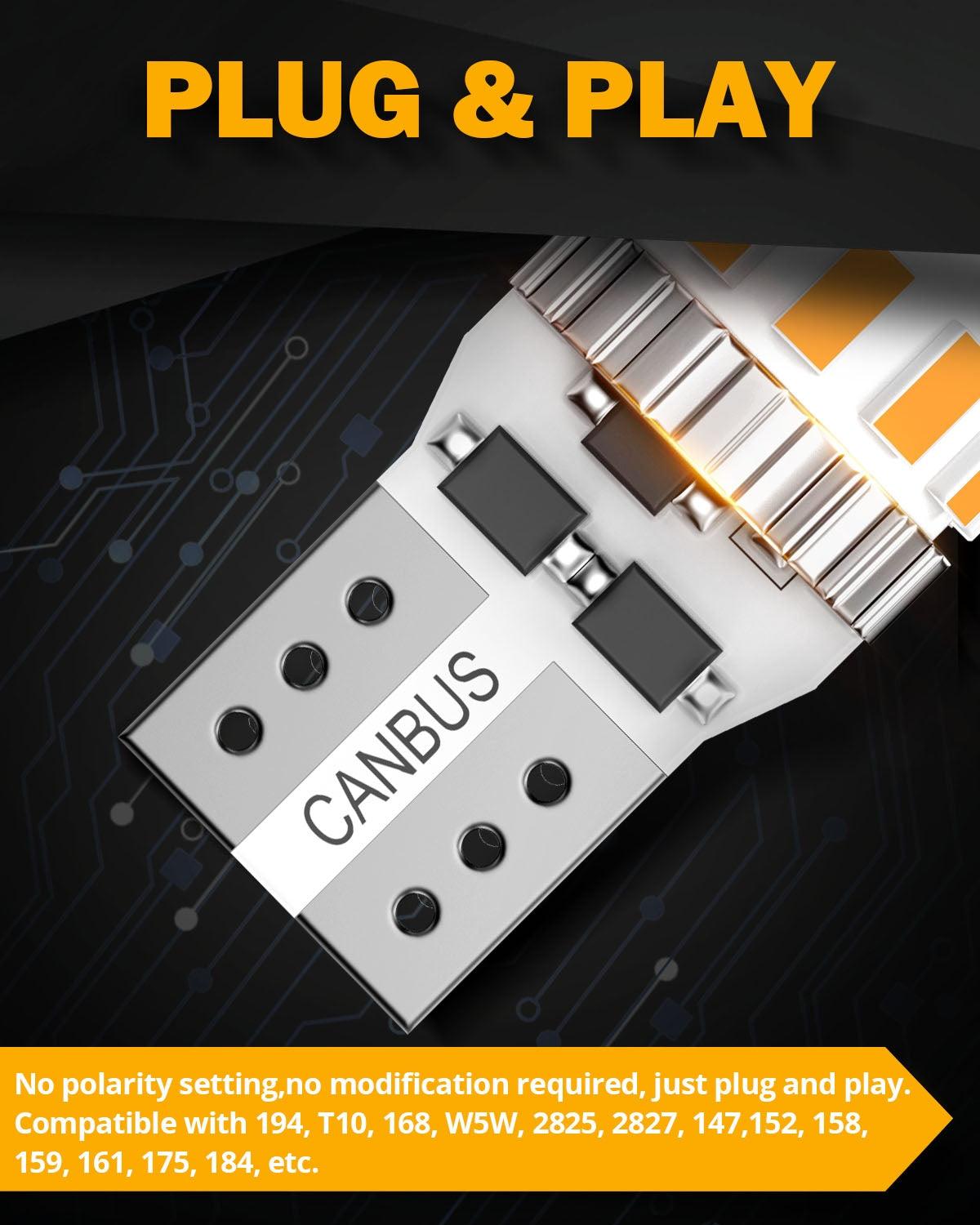 168 2825 W5W T10 LED License Plate/Side Marker/Interior Light Bulbs 3W 400% Brighter Canbus Error Free Amber B1 Series | 2 bulbs 