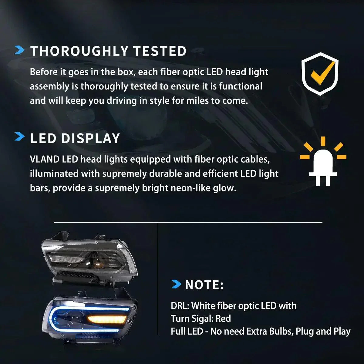 مجموعة مصابيح أمامية LED RGB ثنائية الشعاع باللون الأسود لسيارة Dodge Charger (LD) موديلات 2011-2014